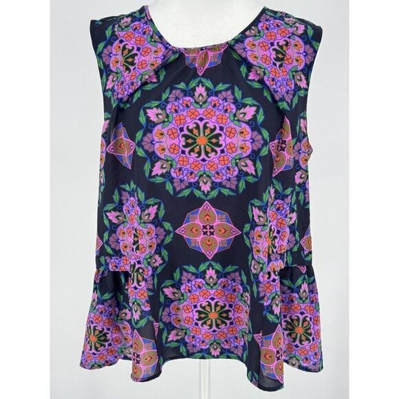 J. Crew Navy Colorful Damask Mirror Image Peplum Hem Top Tank Blouse Sz 12 EUC - Picture 6 of 16